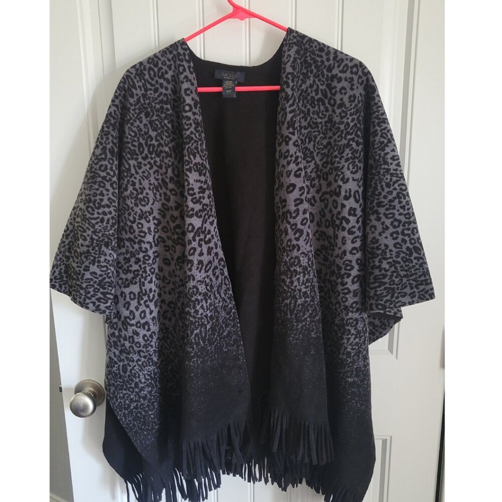 Rachel Roy black leopard print fringe shaw/poncho (OS)